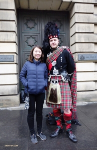 Percussionist Tiffany Yu poses with a friendly local sporting a kilt.