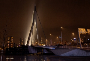 A close-up of Rotterdam's Erasmus bridge at night&mdash;it literally bridges the gap between the north and south parts of the city. (Photo by Nick Zhao)